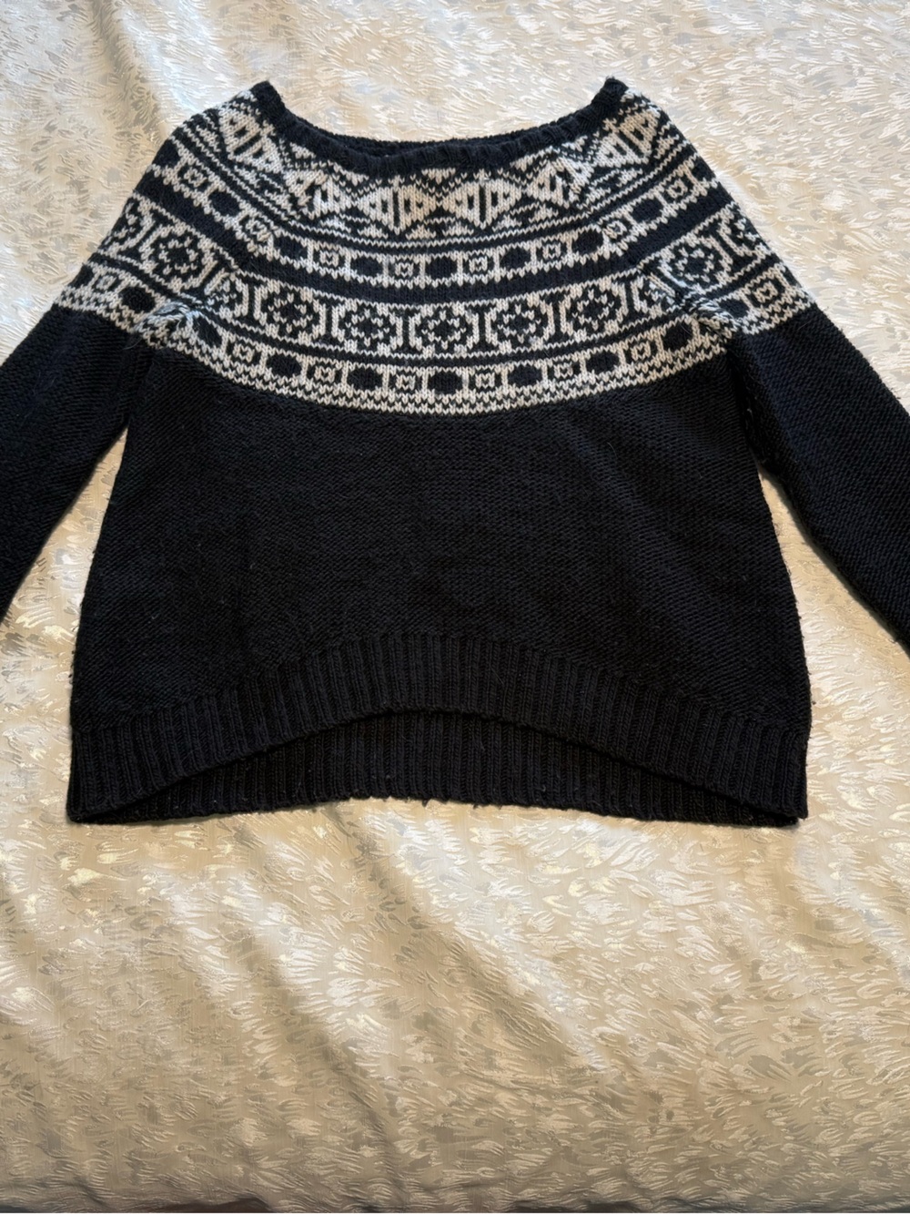 American Eagle Outfitters Black Crewneck Sweater with White Fair Isle Yoke